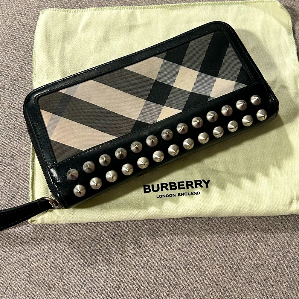 Burberry black plaid studded clutch wallet
